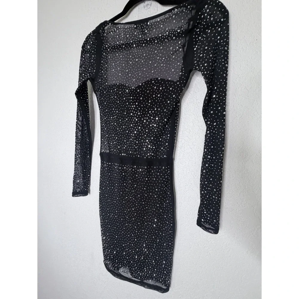 Y2K Black Rhinestone Mesh Corset Mini Dress Small Sheer Bodycon Party‎ Glam